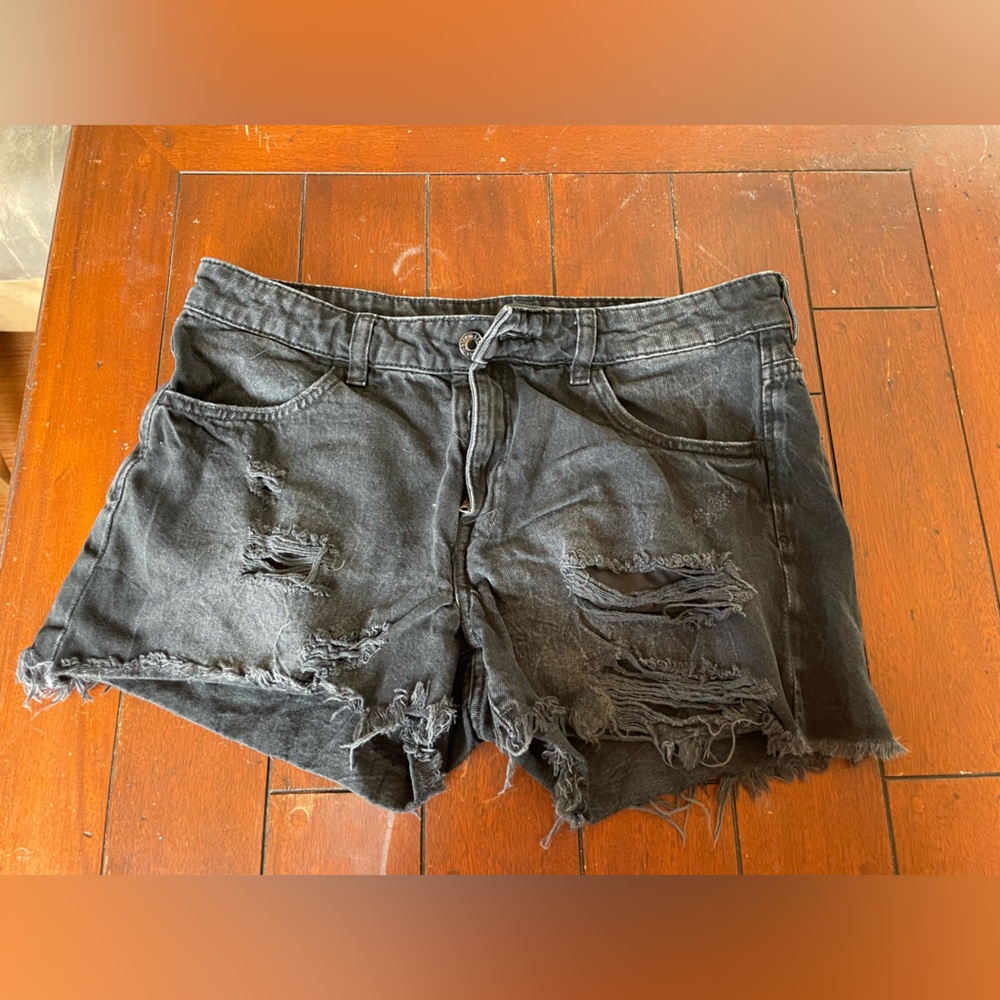 Distressed Black Denim Shorts